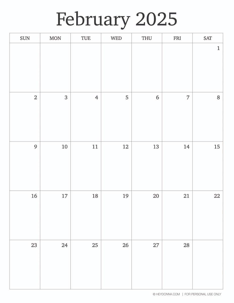 Feb. 2025 calendar to print