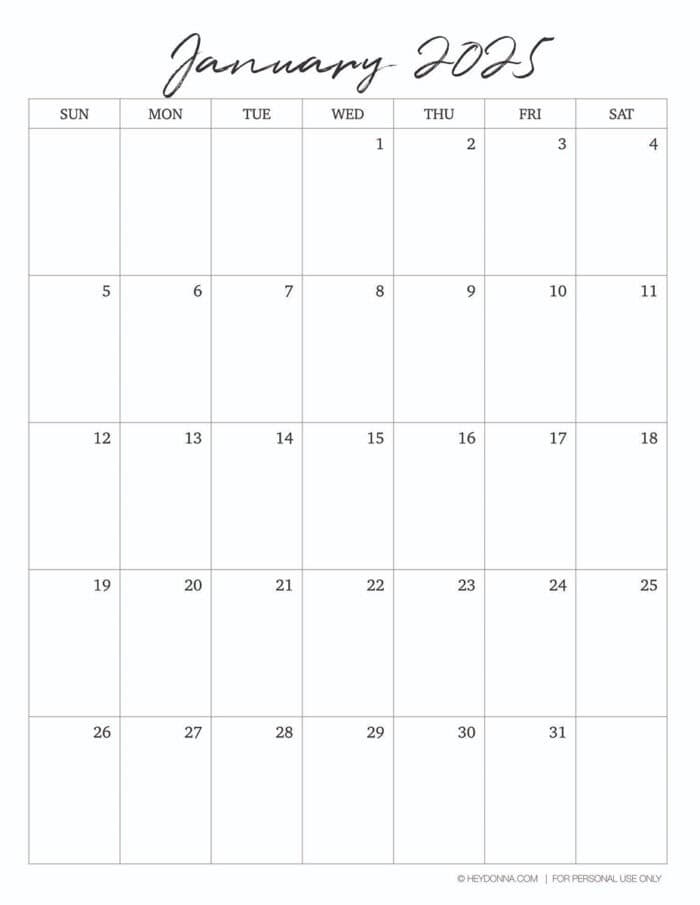 Free 2025 Printable January Monthly Calendar - Hey Donna