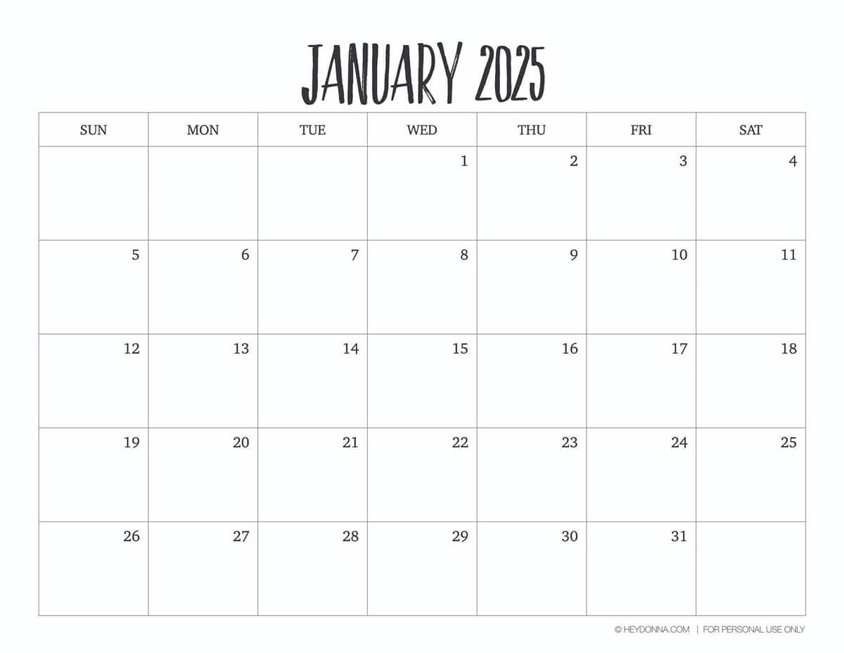 January 2025 Month Calendar