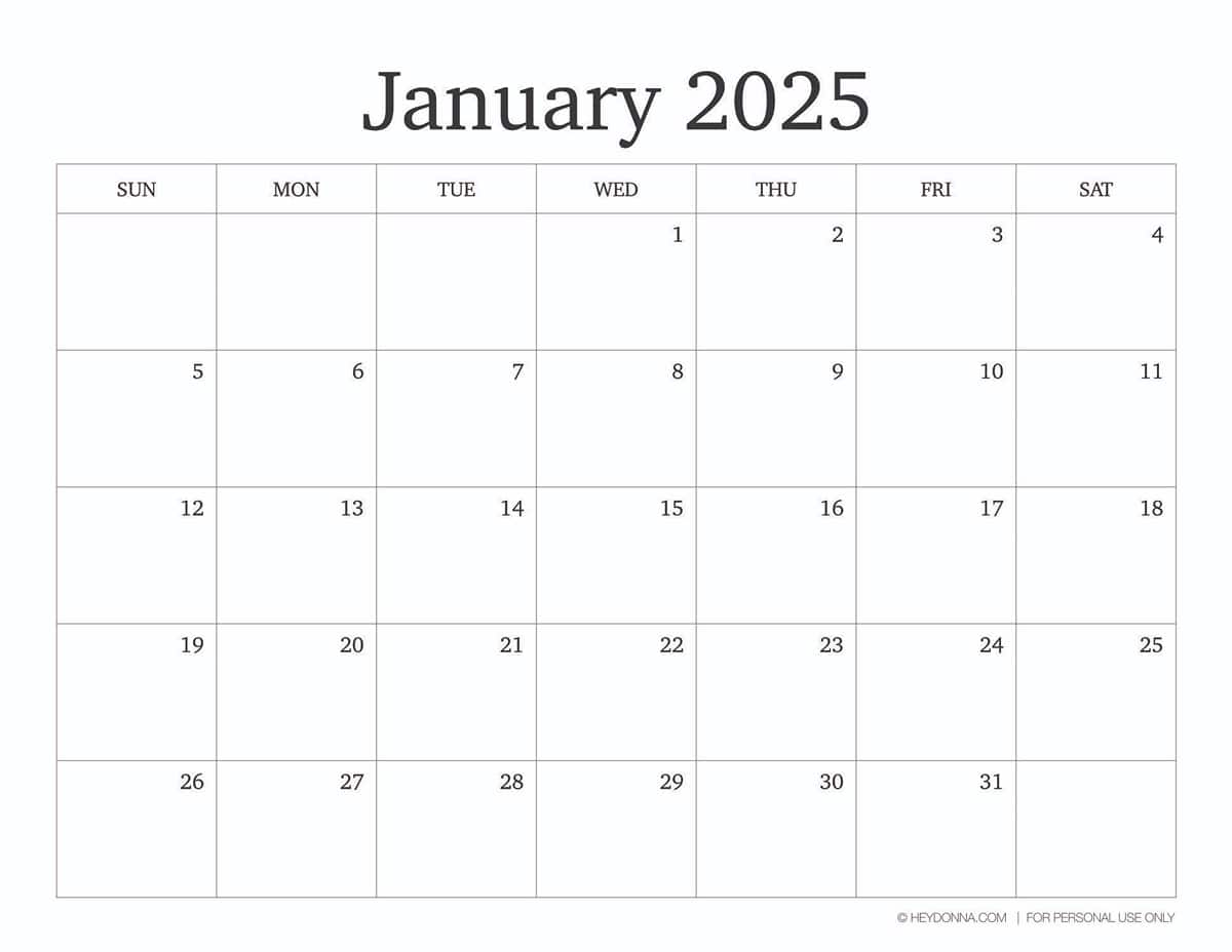 January 2025 Month Calendar