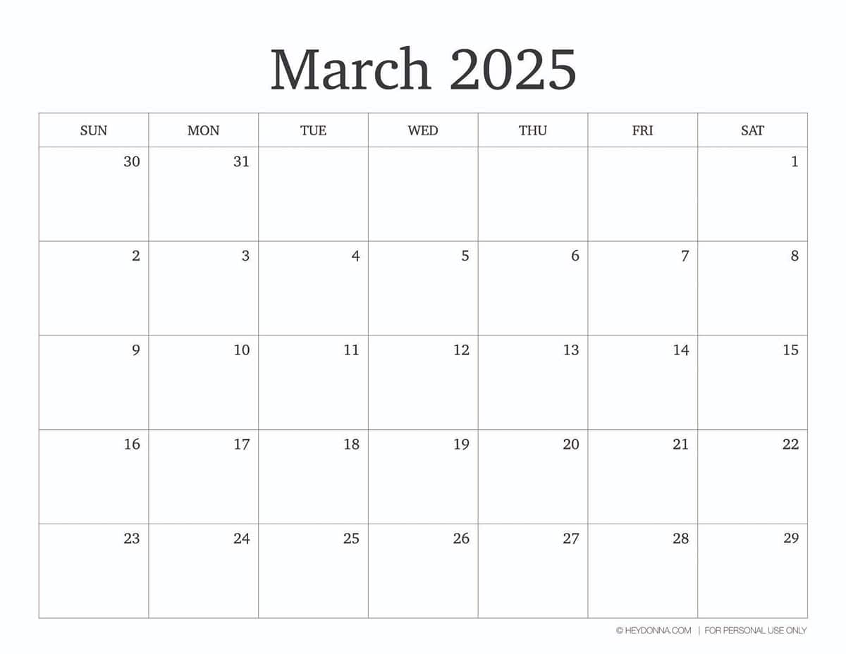 simple printable March 2025 calendar 