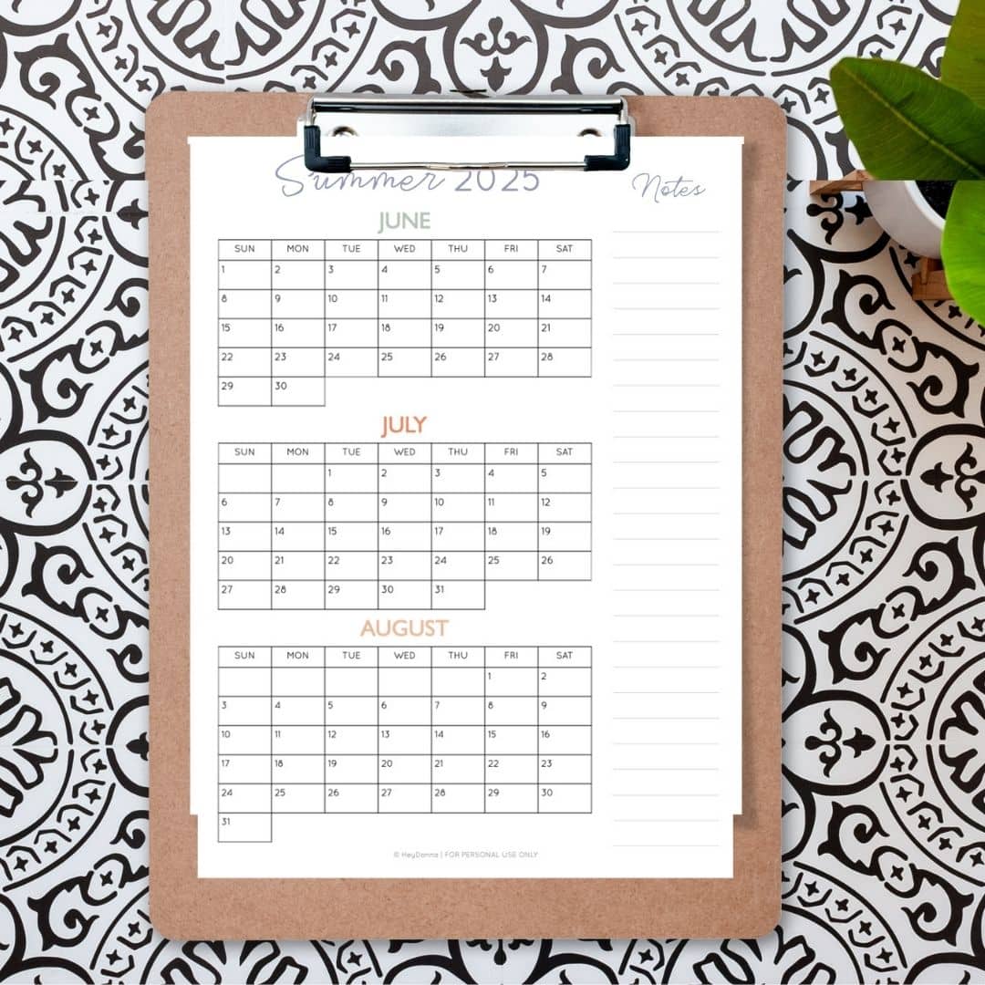 Summer Calendar - 3 Months on One Page - Hey, Donna!