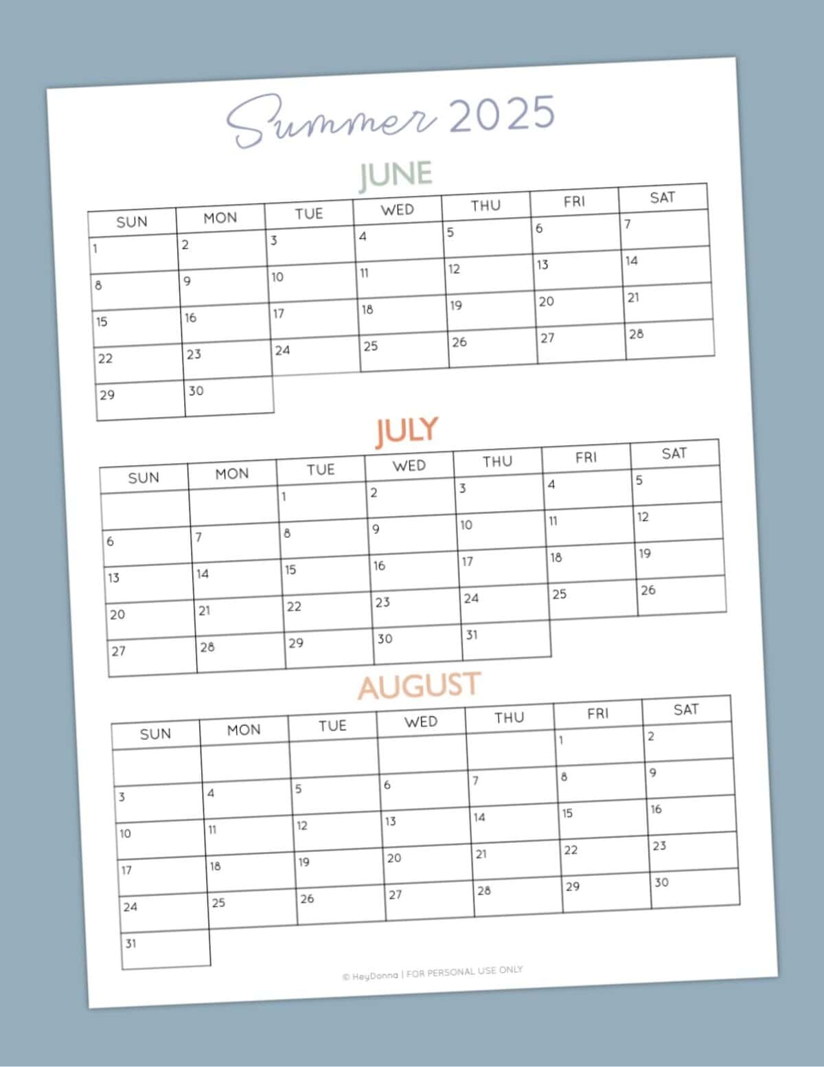Summer Calendar - 3 Months on One Page - Hey, Donna!