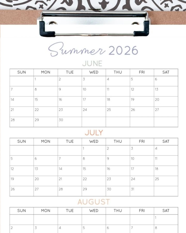 2026 Summer calendar on one page