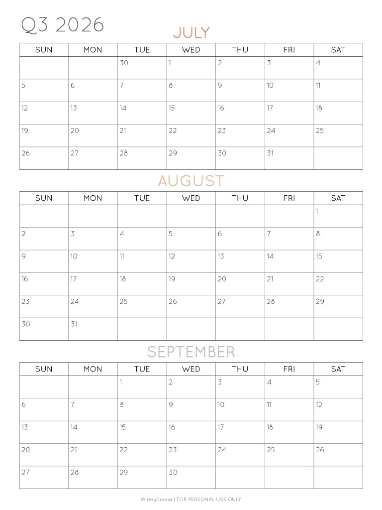 2026 3 Month Quarterly Calendar Printables FREE 2026 3 Month Quarterly Calendar Printables FREE