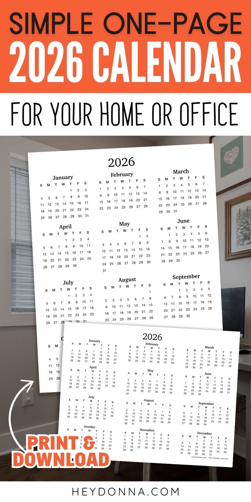 2026 Year on one page calendar printable