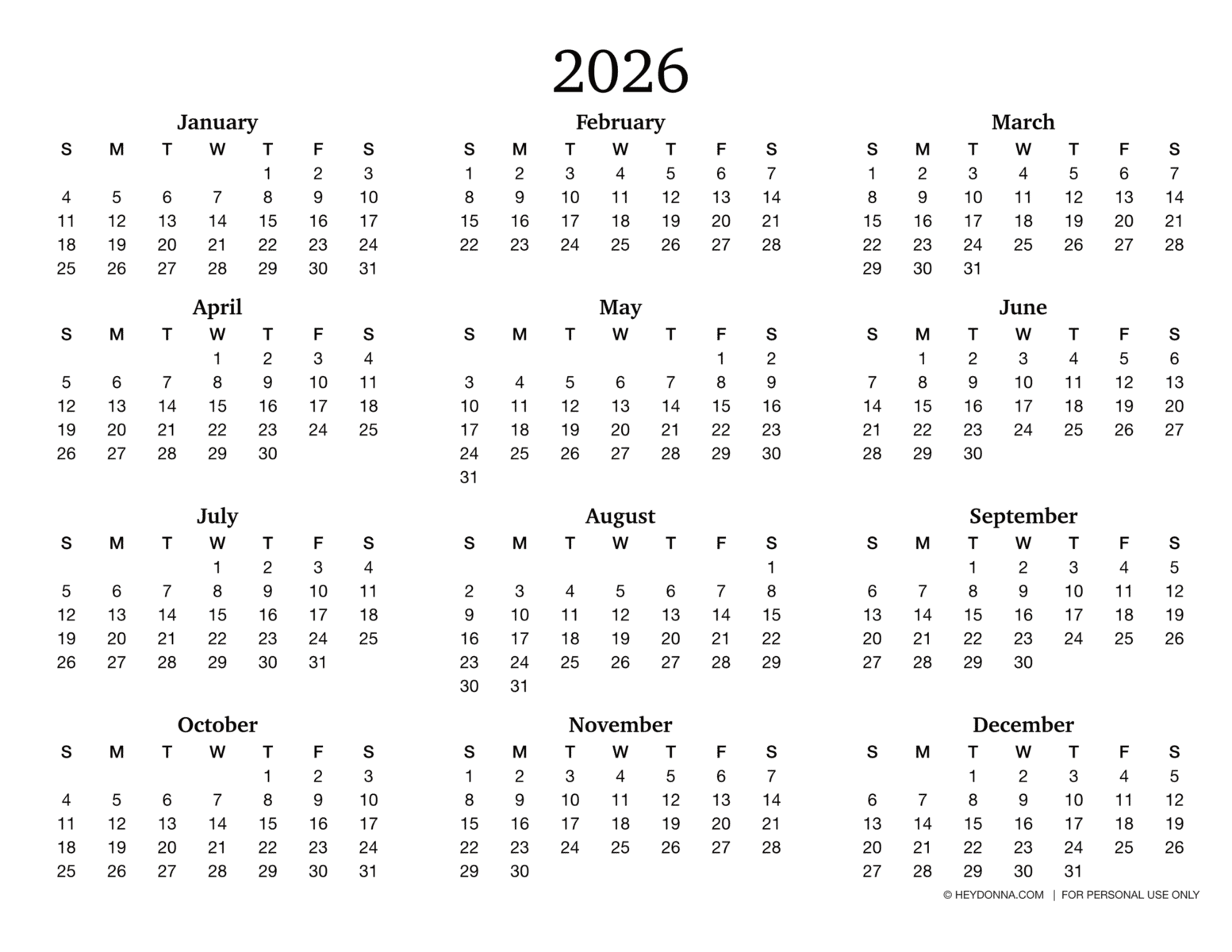 2026 printable calendar PDF