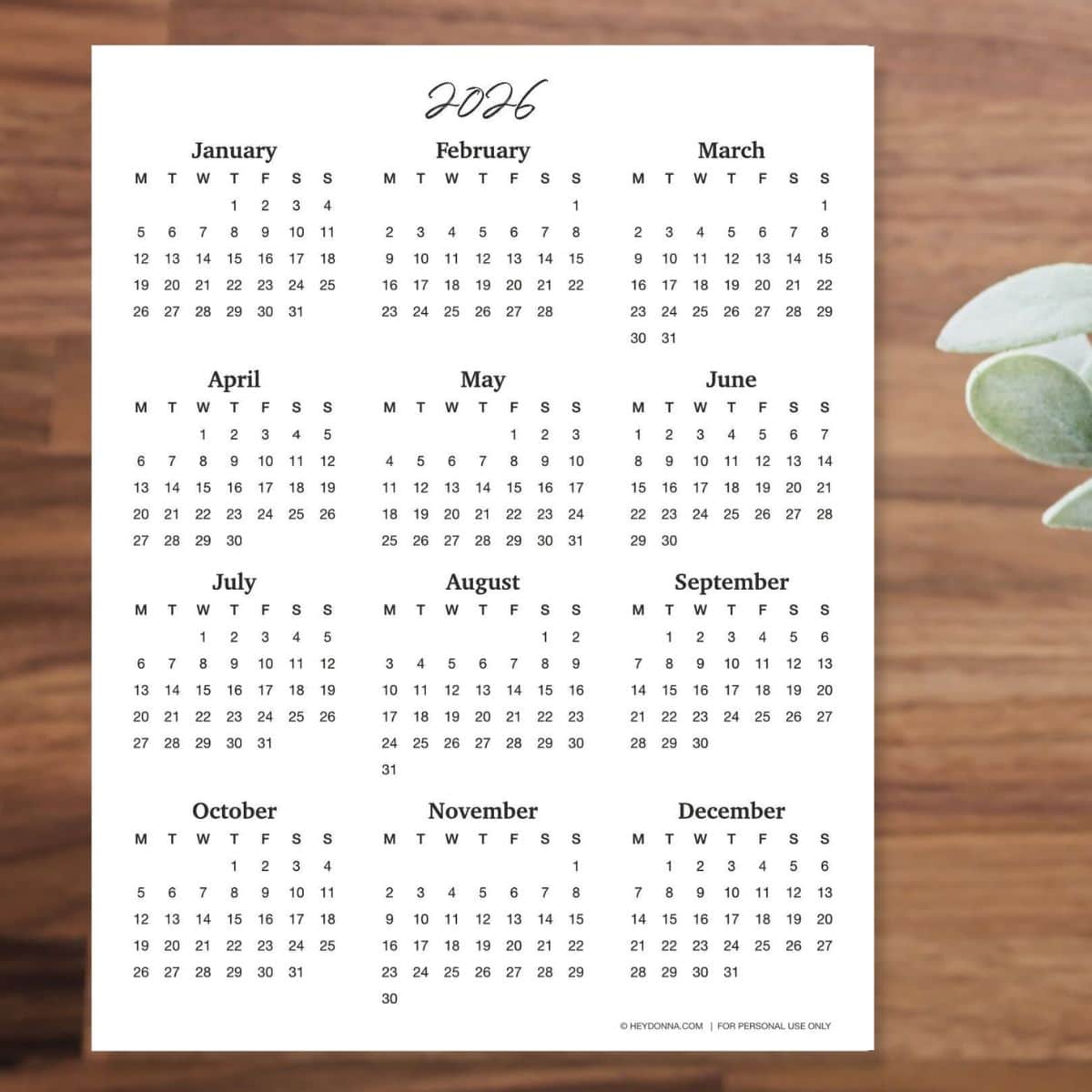 2026 12-month calendar free printable